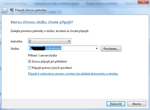 Dialog Windows pro mapování síťové složky Cubieboard na jednotku Z