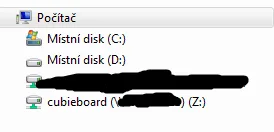 Průzkumník Windows zobrazuje síťové sdílení Cubieboard jako jednotku Z: