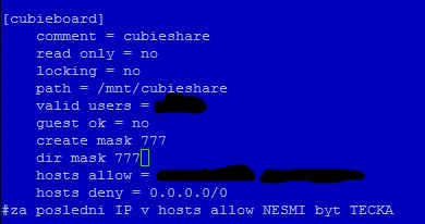 Ukázka nastavení sdílené složky Cubieboard v konfiguračním souboru Samba