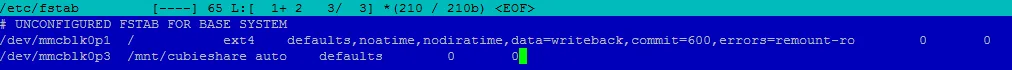 Editor s konfigurací /etc/fstab pro připojení sdílené FAT32 partition na Raspberry Pi