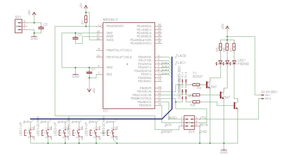 Schéma zapojení mikrokontroléru ATMega8 pro řízení RGB LED pomocí PWM a tlačítek