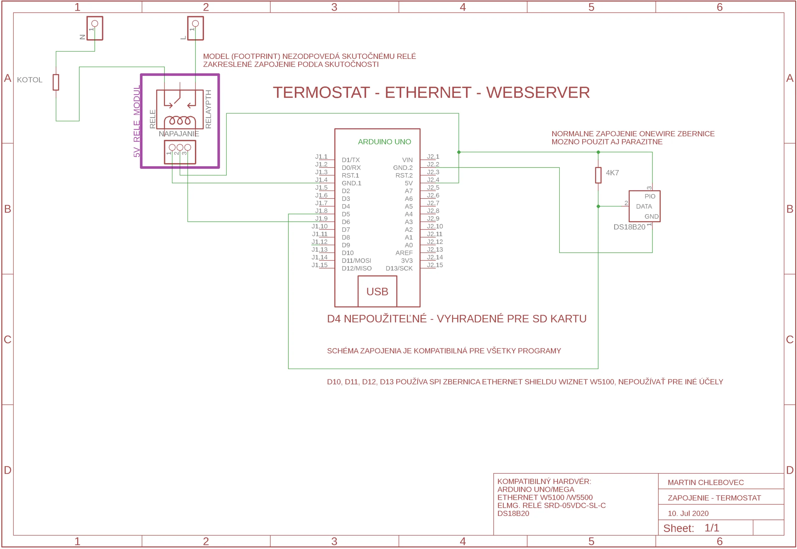 Schéma zapojení termostatu s deskou Arduino Uno, relé a připojenými moduly