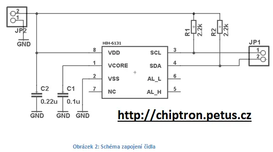 Schéma senzoru vlhkosti a teploty HIH-6131 s pull-up odpory a konektory