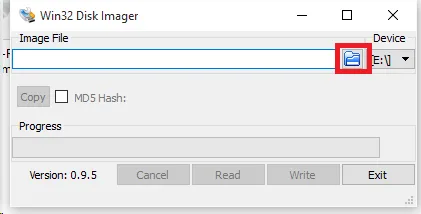Okno programu Win32 Disk Imager s označenou ikonou pro výběr obrazu