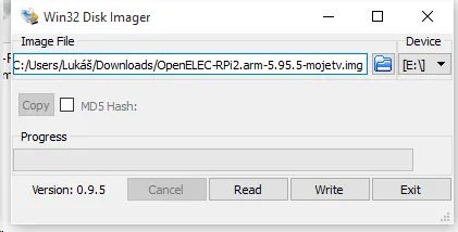Win32 Disk Imager s vybraným obrazem OpenELEC a jednotkou paměťové karty