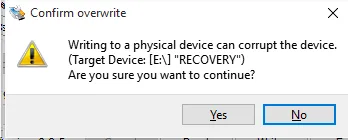Dialog Win32 Disk Imageru potvrzuje zápis obrazu na jednotku E: