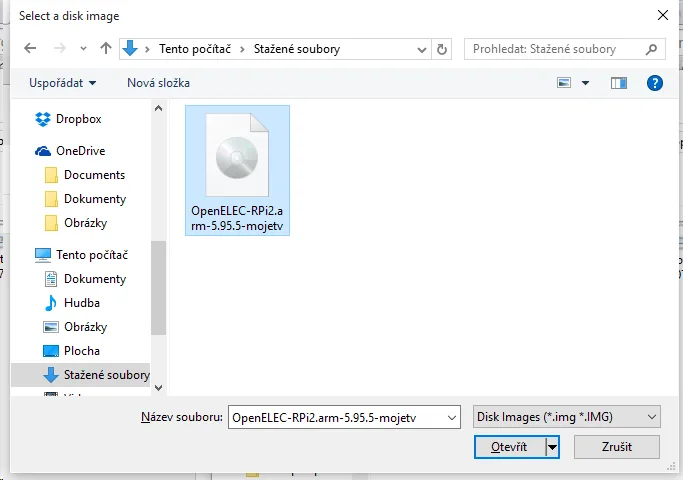 Dialog Win32 Disk Imageru pro výběr obrazu OpenELEC-RPi2.arm