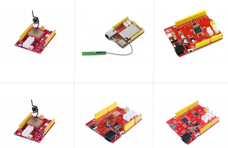 Koláž červených vývojových desek s konektory a elektronickými součástkami