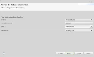 Dialog Sloeber pro výběr desky Arduino Nano, portu USB a procesoru ATmega328