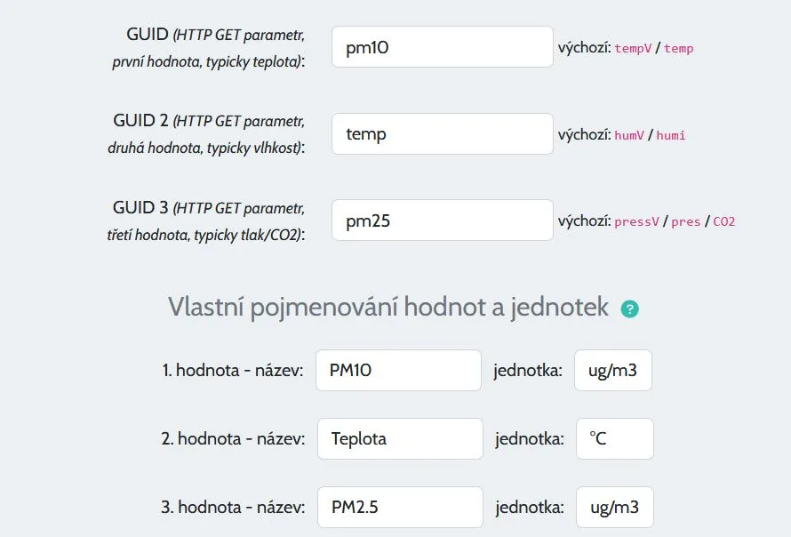 Nastavení názvů a jednotek měřených hodnot PM10, teploty a PM2.5