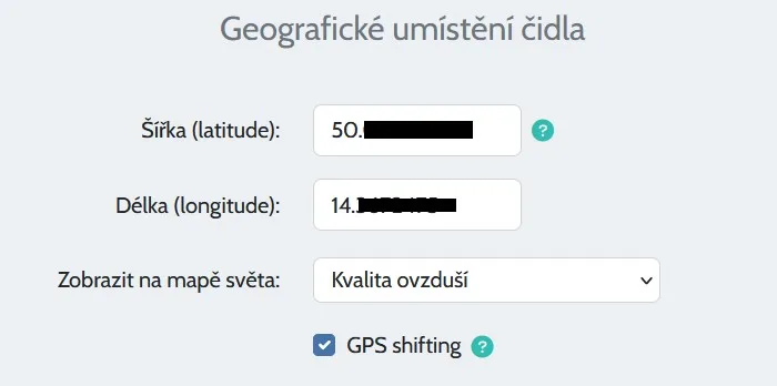 Webové nastavení geografické polohy čidla s GPS posunem a zobrazením kvality ovzduší