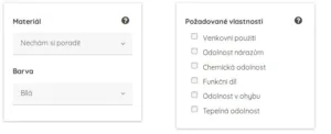 Formulář zakázkového 3D tisku s výběrem materiálu, barvy a požadovaných vlastností