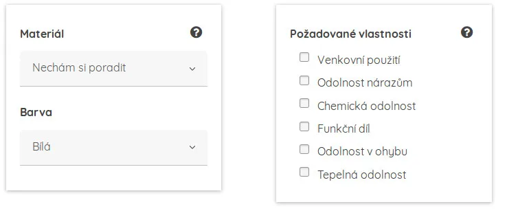 Formulář sharplayers.cz pro výběr materiálu, barvy a požadovaných vlastností 3D tisku