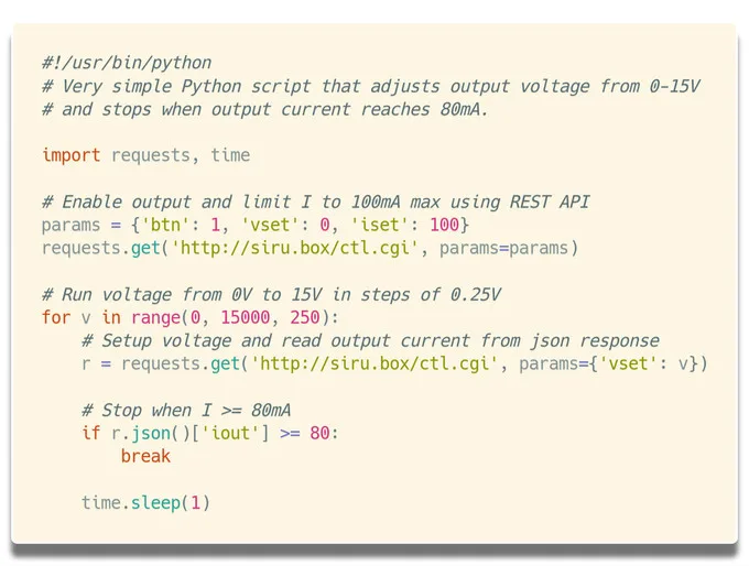 Ukázka Python skriptu pro ovládání napětí a proudu zdroje Siru.box přes REST API