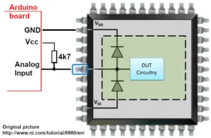 Schéma testování kontinuity zapájené součástky s Arduino deskou, rezistorem 4,7 kΩ a obvodem DUT