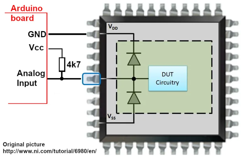 Schéma testování kontinuity zapájené součástky s Arduino deskou, rezistorem 4,7 kΩ a obvodem DUT