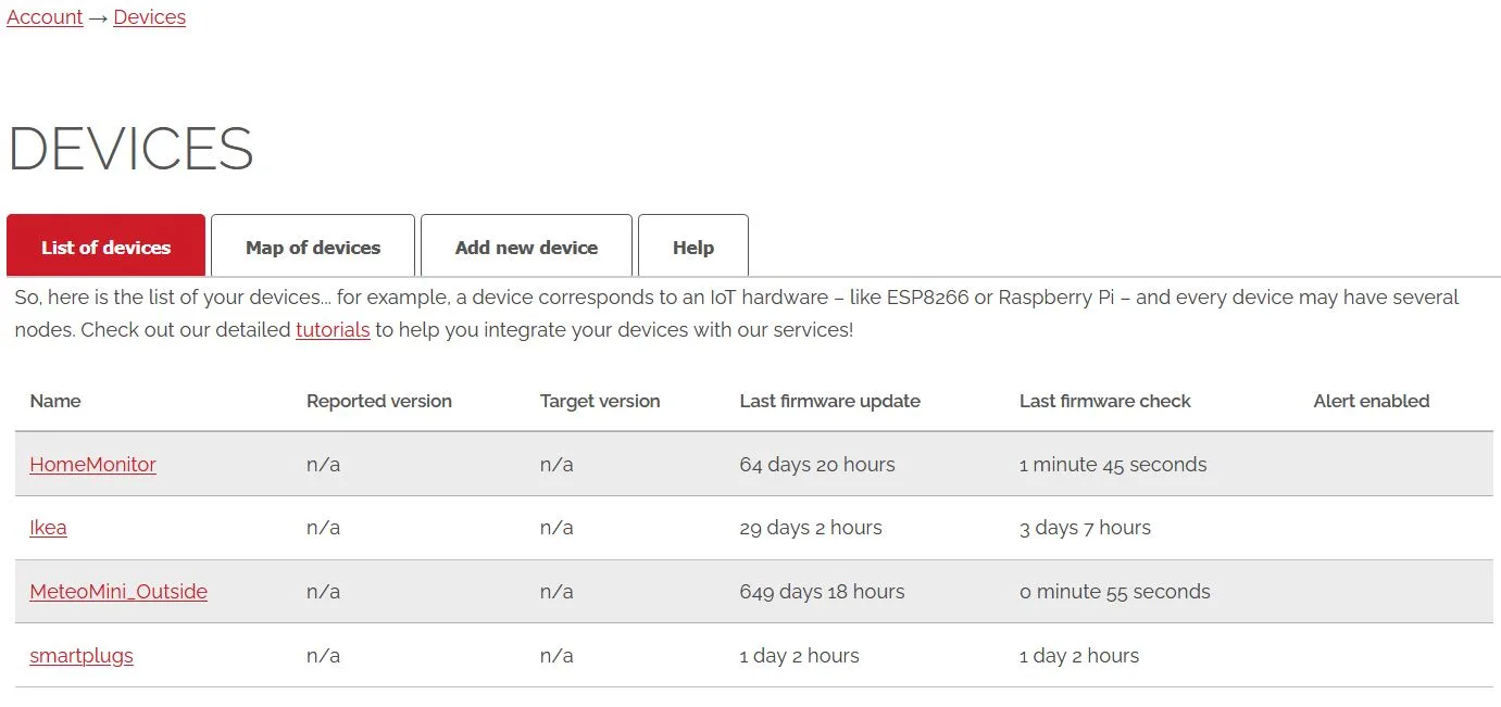 Seznam zařízení na stránce Devices cloudové služby The IoT Guru