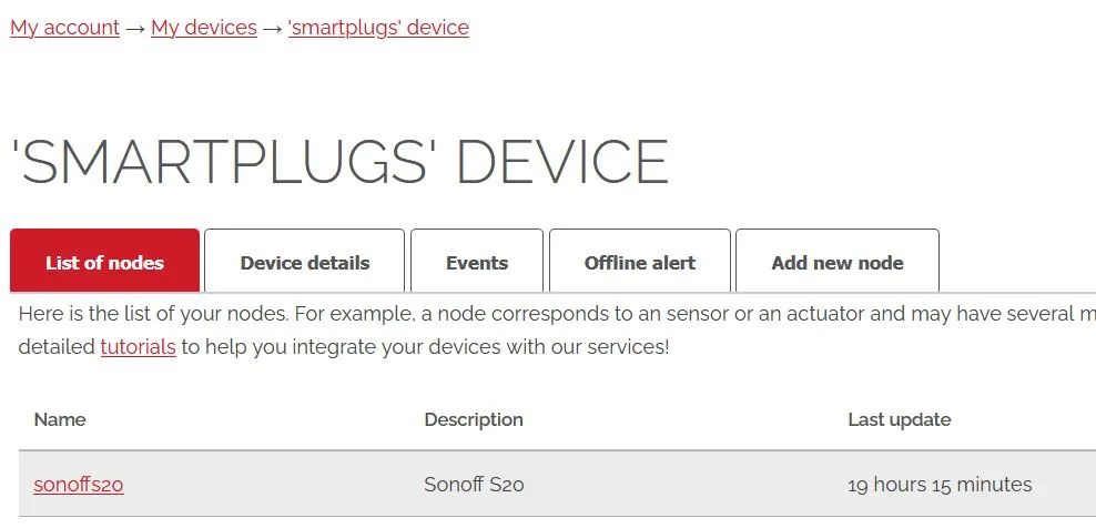 Webové rozhraní The IoT Guru zobrazuje zařízení SMARTPLUGS a uzel sonoffs20
