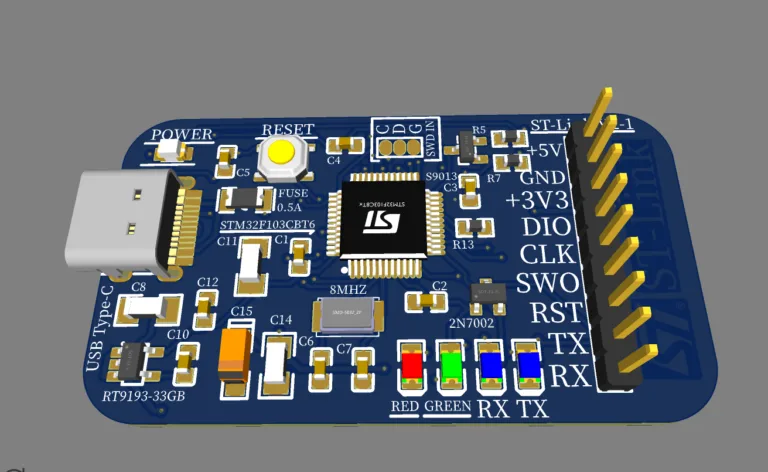 Modrá deska ST-LINK V2.1 s konektorem USB-C a vývody pro STM32