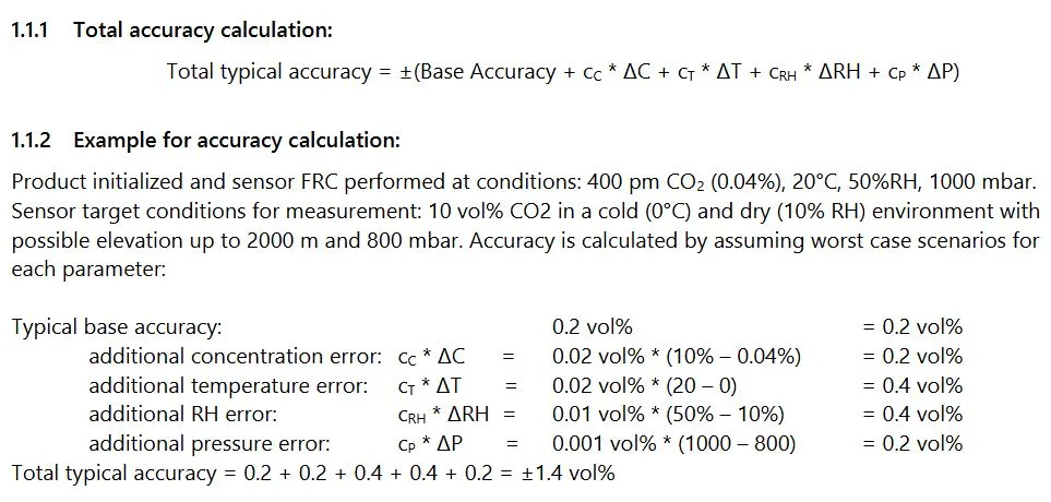 Tabulka výpočtu celkové přesnosti měření CO₂ senzorem STC31-C