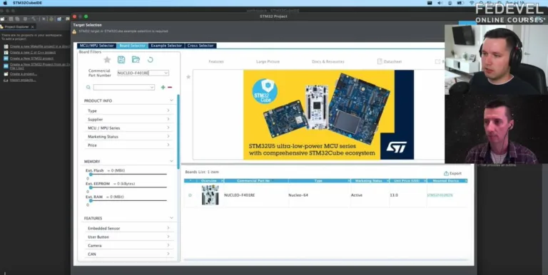 CubeIDE otevřené na obrazovce se dvěma lektory ve videohovoru a grafikou desek STM32