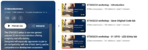 Snímek obrazovky seznamu úvodních výukových videí STM32C0 workshopu