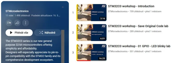 Snímek obrazovky seznamu úvodních výukových videí STM32C0 workshopu