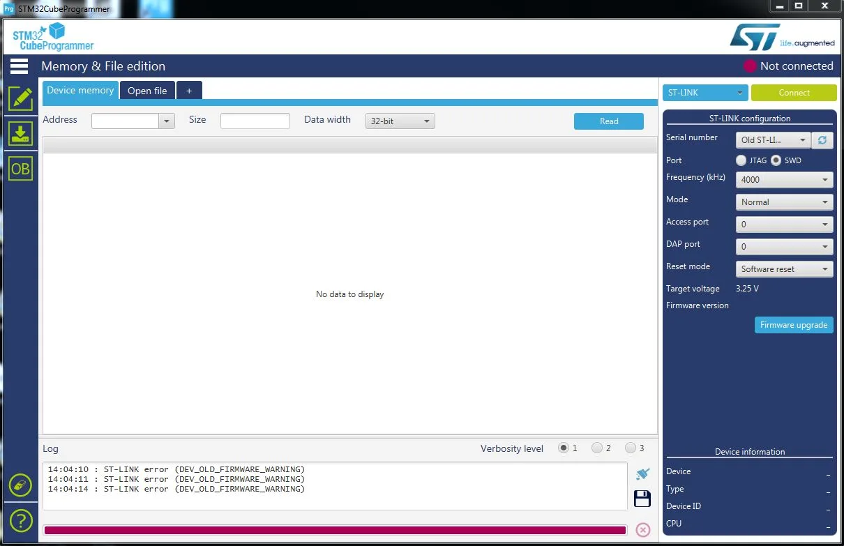 Dialog pro aktualizaci firmware programátoru ST-LINK v STM32CubeProgrammeru