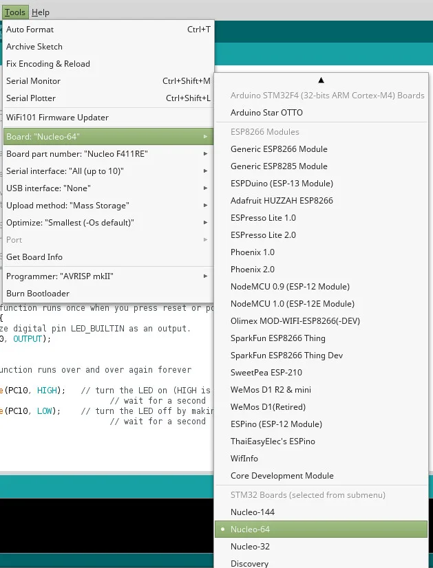 STM32duino — výběr Nucleo-64 v Arduino IDE