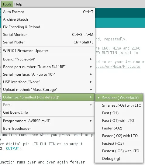 STM32duino — volba optimalizace