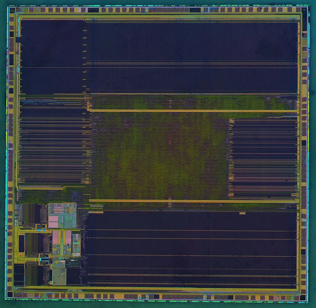 Barevné rozložení křemíkového čipu mikrokontroléru STM32F103VGT6