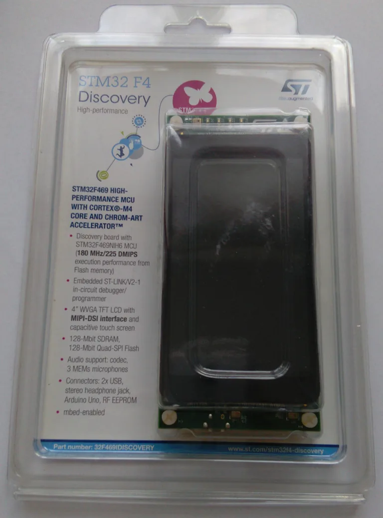 Vývojová deska STM32F469I-DISCO s dotykovým displejem v plastovém obalu