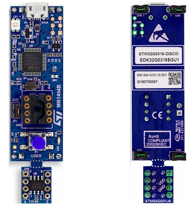 Rozvržení desky STM32G0316-DISCO s mikrokontrolérem v pouzdru SO8