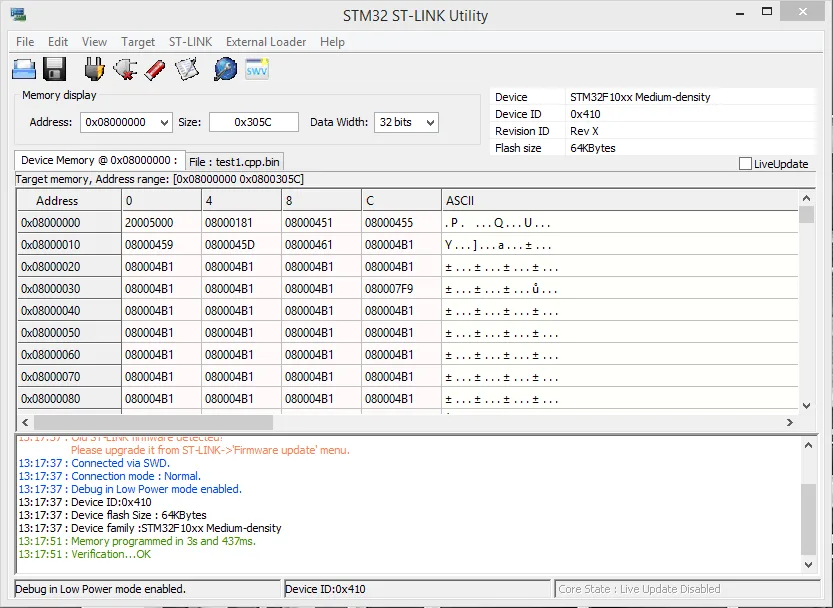 STM32 ST-LINK Utility zobrazuje obsah paměti mikrokontroléru STM32F10x