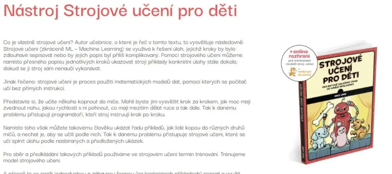 Náhled stránky s knihou Strojové učení pro děti a jejím obalem