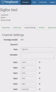Nastavení kanálu Sigfox test v aplikaci ThingSpeak s poli pro data
