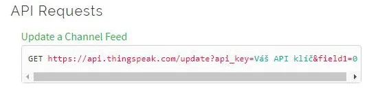 Nastavení callbacku ThingSpeak s požadavkem Update a Channel Feed