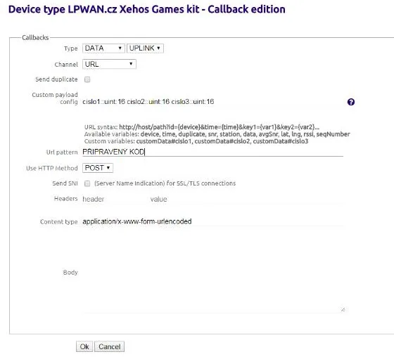 Nastavení callbacku SigFox v LPWAN.cz pro odesílání dat do ThingSpeak