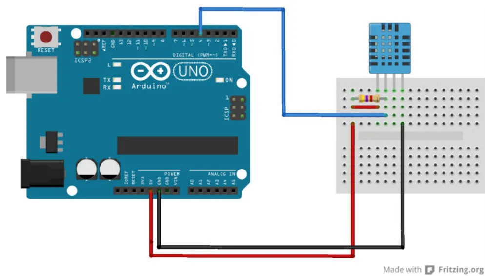 Schéma zapojení Arduino Uno s čidlem teploty a vlhkosti DHT11