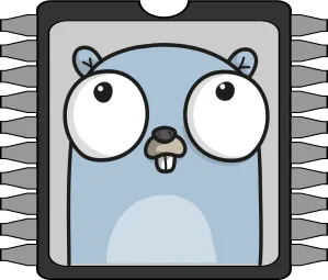 Logo TinyGo s mikrokontrolérem a stylizovanou kreslenou postavičkou
