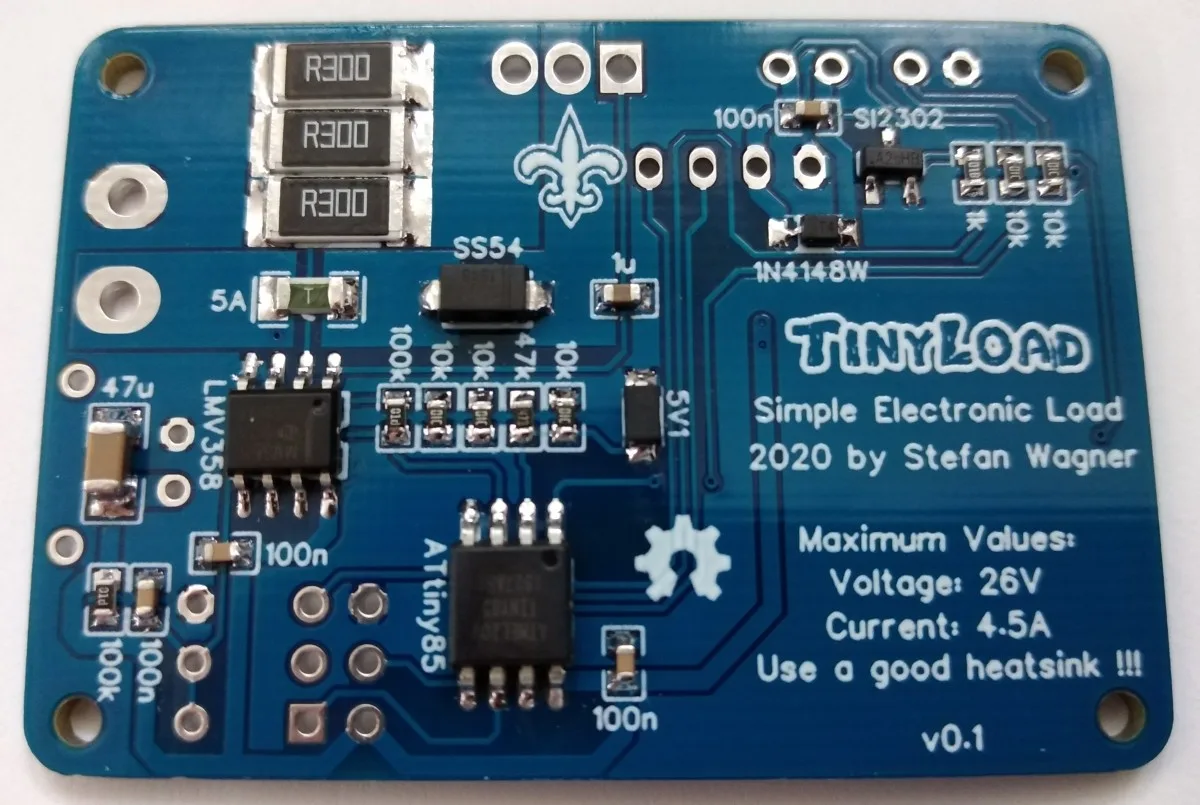 Modrá deska plošného spoje elektronické zátěže TinyLoad s ATtiny85