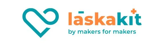 Logo Laskakit s tyrkysovým symbolem a sloganem „by makers for makers“