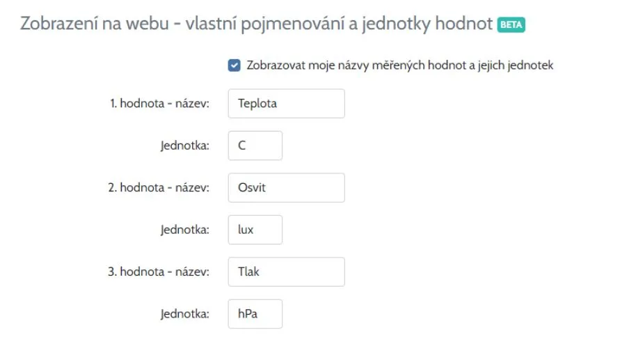 Nastavení vlastních názvů a jednotek tří měřených hodnot v TMEP.cz