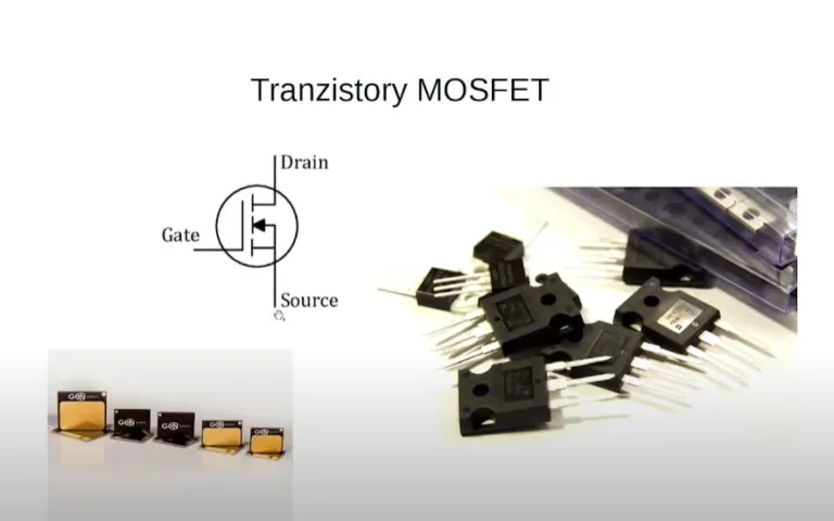 Schéma MOSFETu s vývody Gate, Drain a Source vedle pouzder tranzistorů