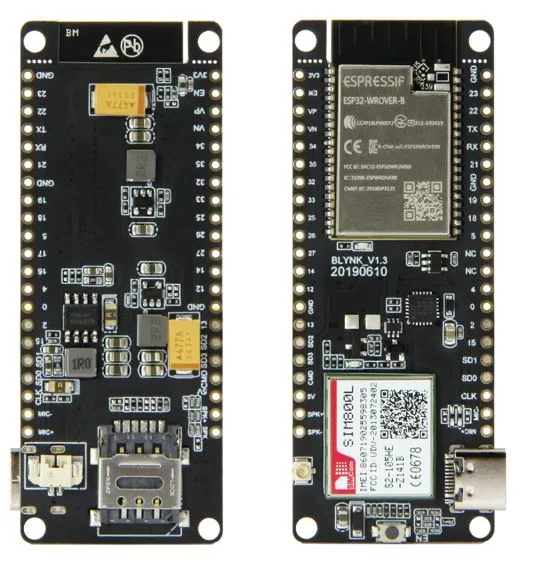 Pohled z obou stran na desku TTGO T-Call s ESP32 a SIM800L