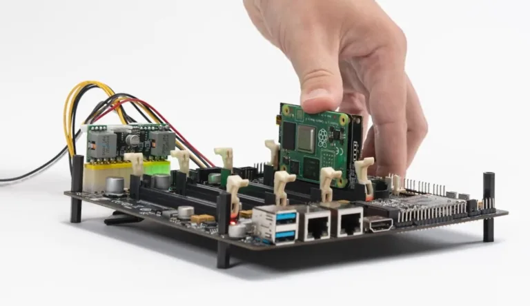 Ruka zasouvá výpočetní modul do základní desky Turing Pi 2