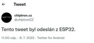 Tweet účtu chiptron.cz oznamující odeslání zprávy z ESP32