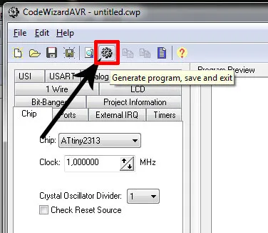 CodeWizardAVR s nastavením čipu ATtiny2313 a tlačítkem pro vytvoření programu