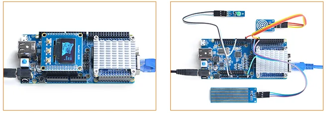 Deska Uno Dock s připojeným NanoPi a kabely pro napájení a USB