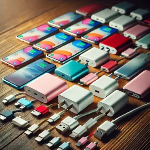 Ilustrace různých zařízení a adaptérů s konektory USB-C